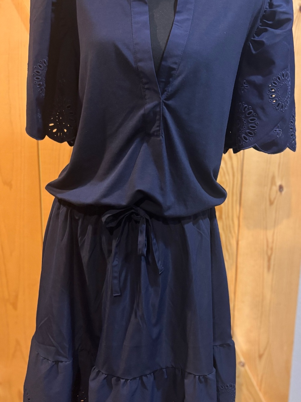 Women’s Navy Tie-Waist Eyelet Sleeve Midi Dress